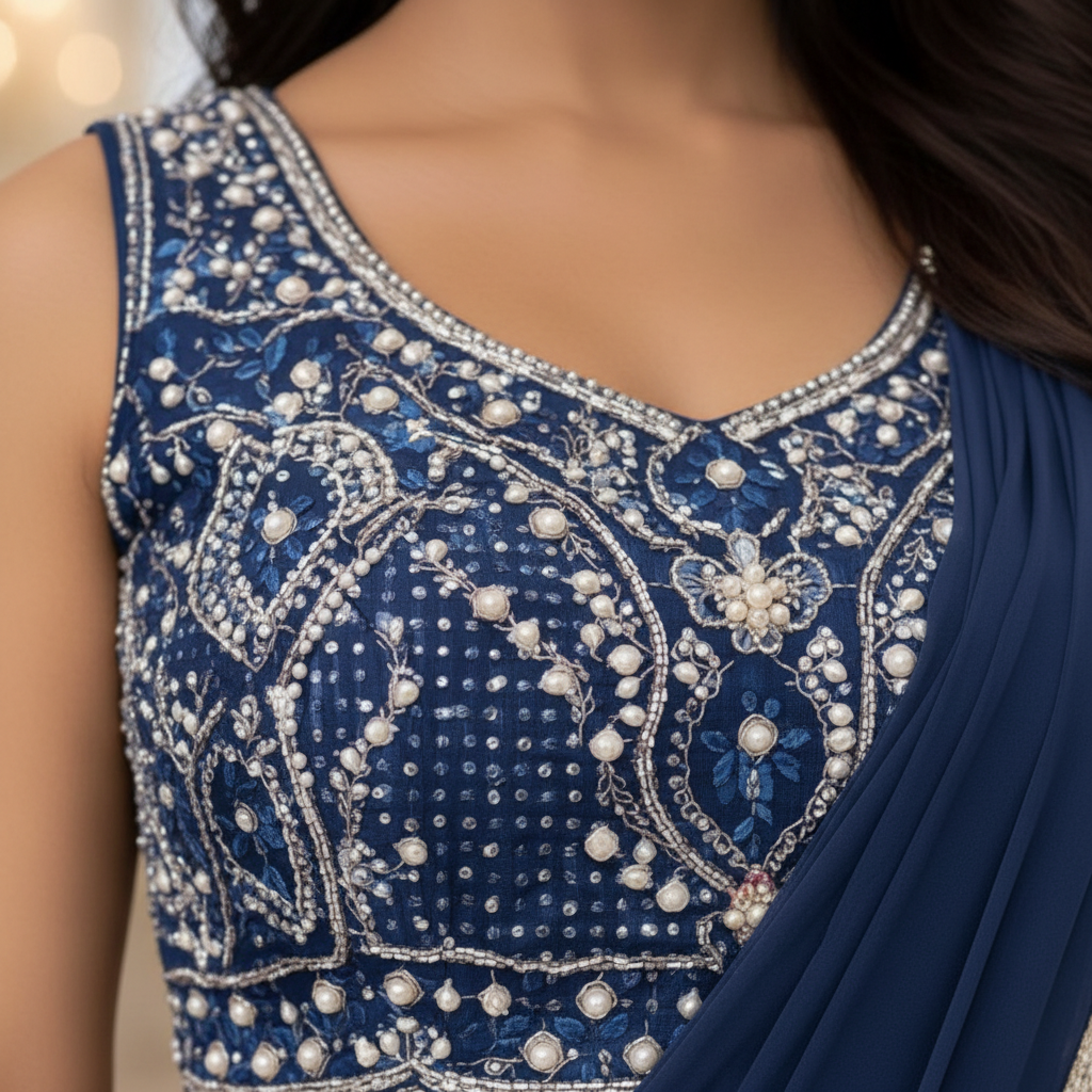 DN-304 ultra close-up of stone pearl bead embroidery on blouse